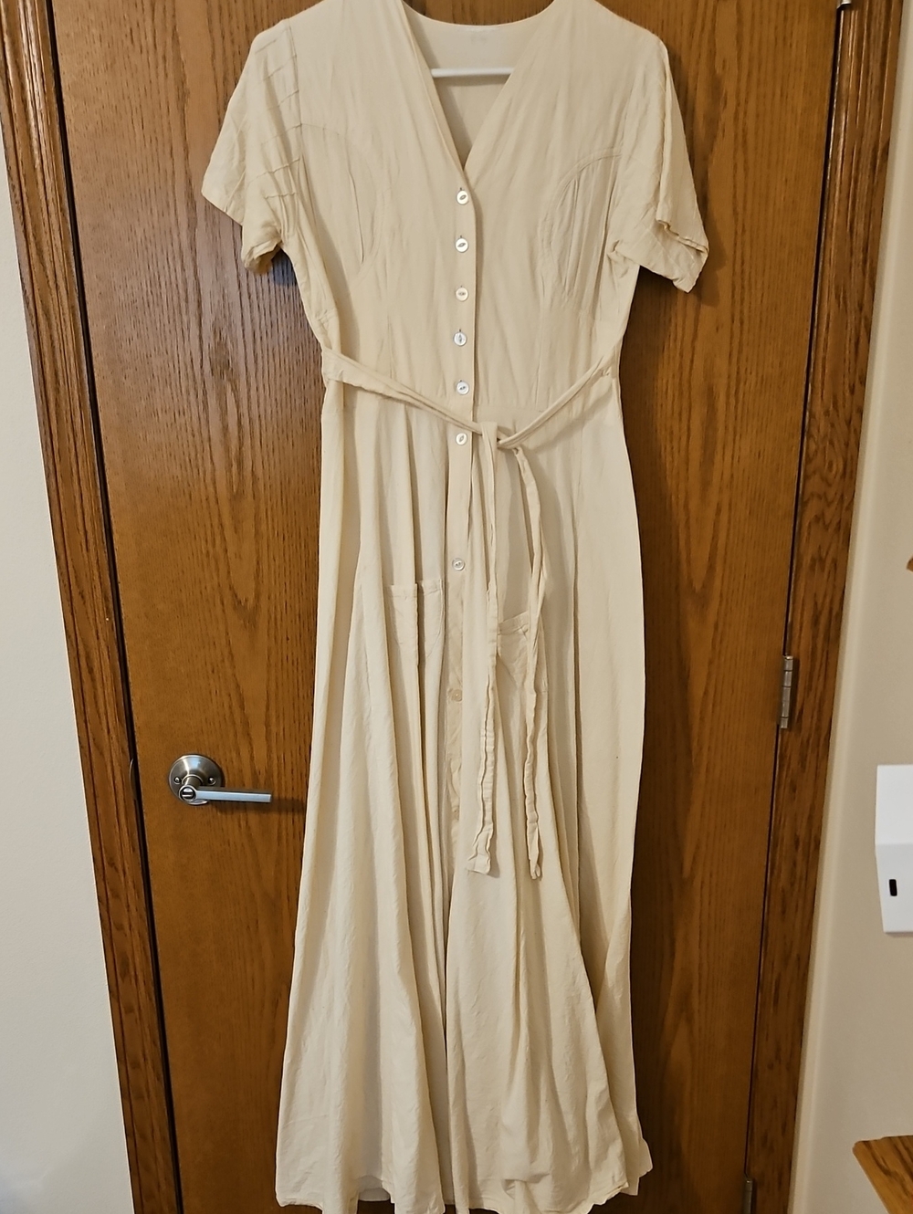 Button-Front Cream Women's Maxi Dress with Tie Waist